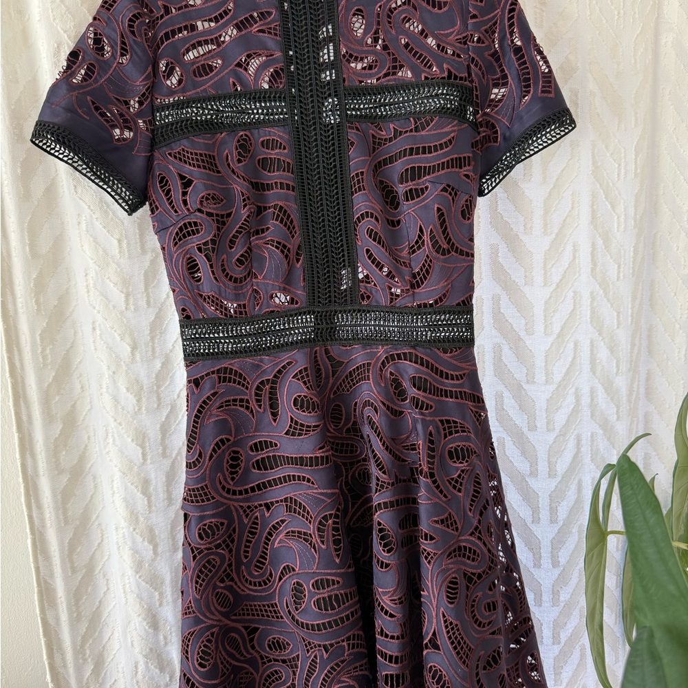 Self-Portrait Purple A-line Cocktail Dress with Short Sleeves and Crew Neck